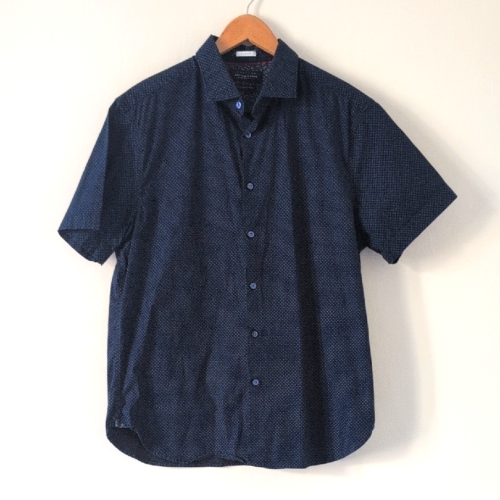 Denim & Flower Navy Blue Dot Short Sleeve Stretch Button Down Shirt XL Slim Fit